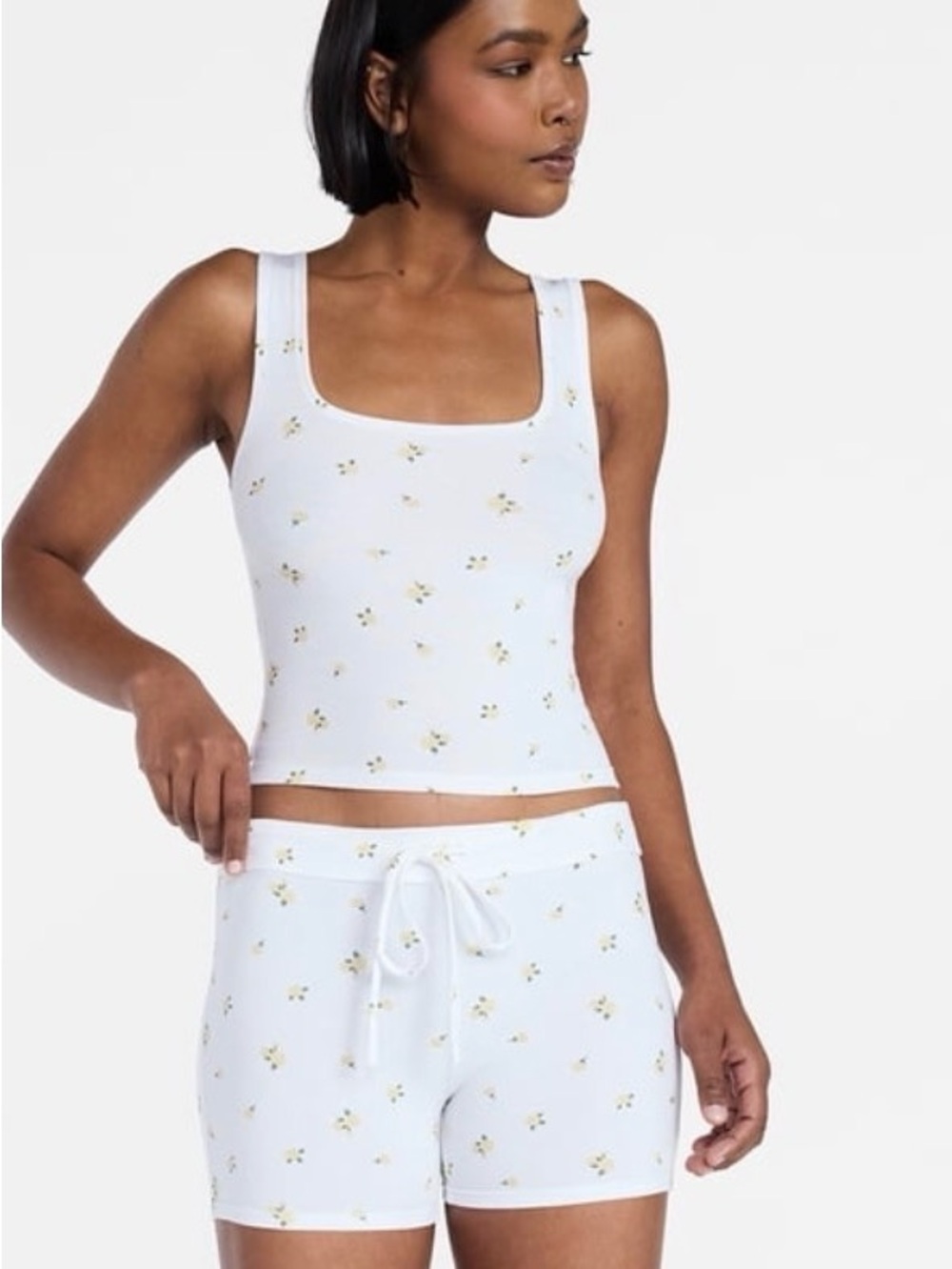 NOBO White Ribbed Tank & Pajama Set with Yellow Floral Print